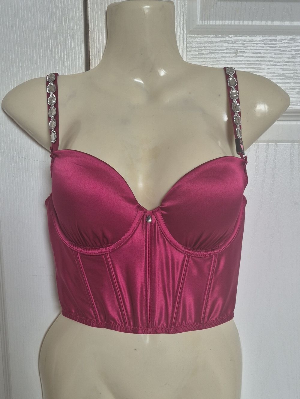 Victoria's Secret Satin Longline Bustier Bra with Rhinestone Straps - Magenta